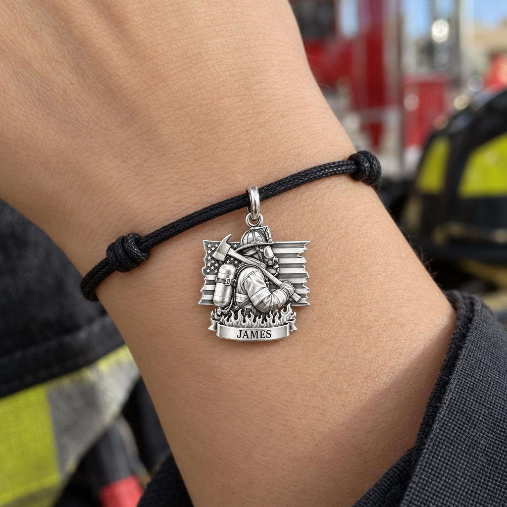 Brave Guardian Firefighter Charm Bracelet – Personalized Gift – worn on the wrist on a black cord bracelet