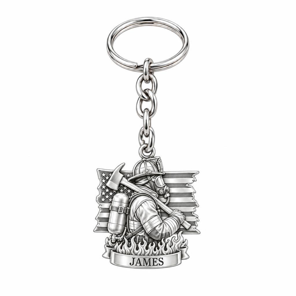 Brave Guardian Firefighter Charm Keychain – silver, front view