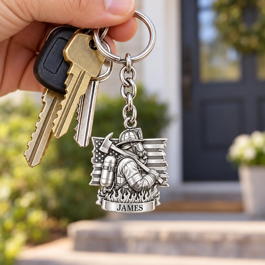 Brave Guardian Firefighter Charm Keychain – worn / in use