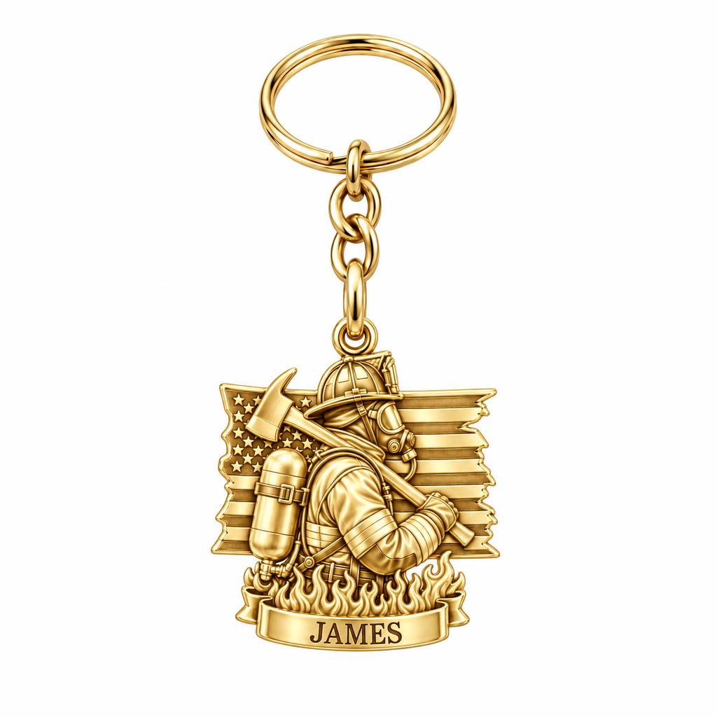 Brave Guardian Firefighter Charm Keychain – 18K gold, front view