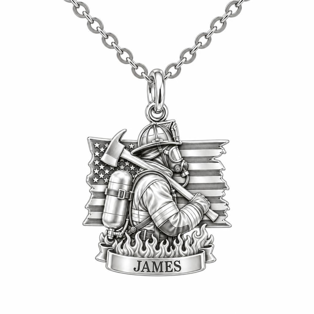 Brave Guardian Firefighter Charm Necklace Set – silver, front view
