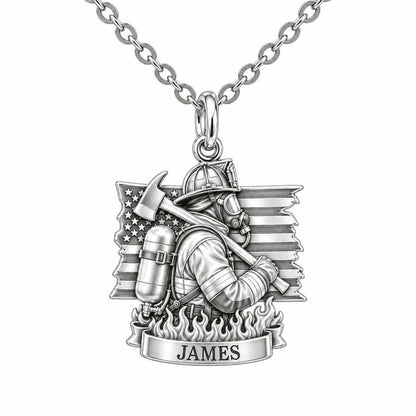 Brave Guardian Firefighter Charm Necklace Set – silver, front view