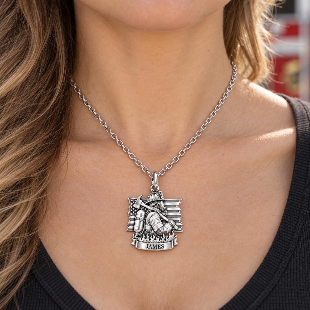 Brave Guardian Firefighter Charm Necklace Set – worn / in use