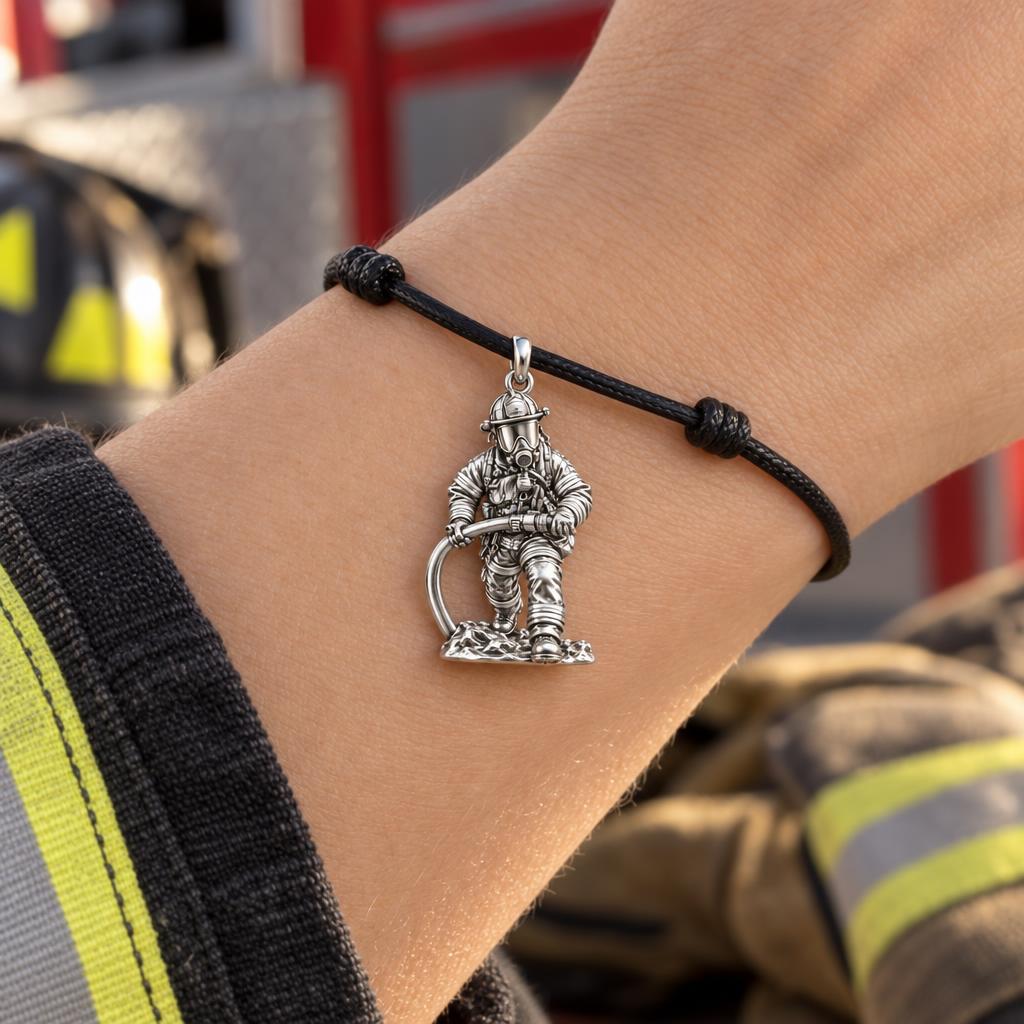 Brave Heart Firefighter Charm Bracelet – Personalized Hero Gift – worn on the wrist on a black cord bracelet