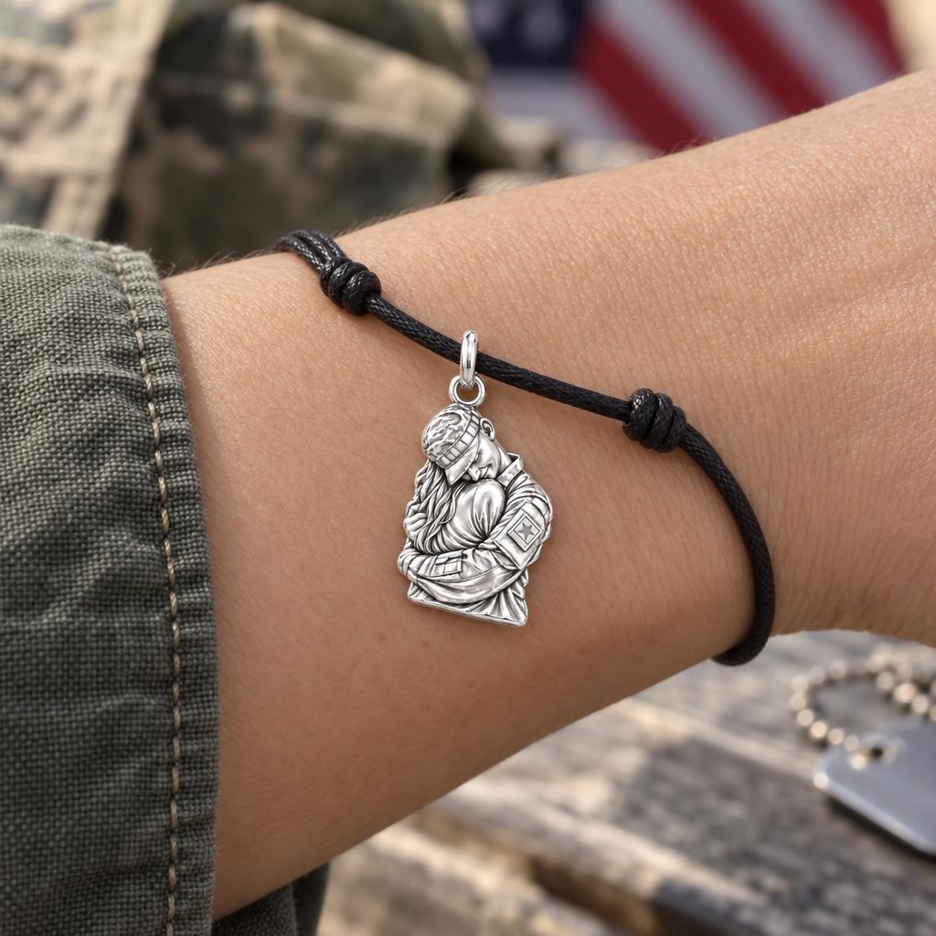 Brave Heart Homecoming Charm Bracelet – Personalized Hero Gift – worn on the wrist on a black cord bracelet