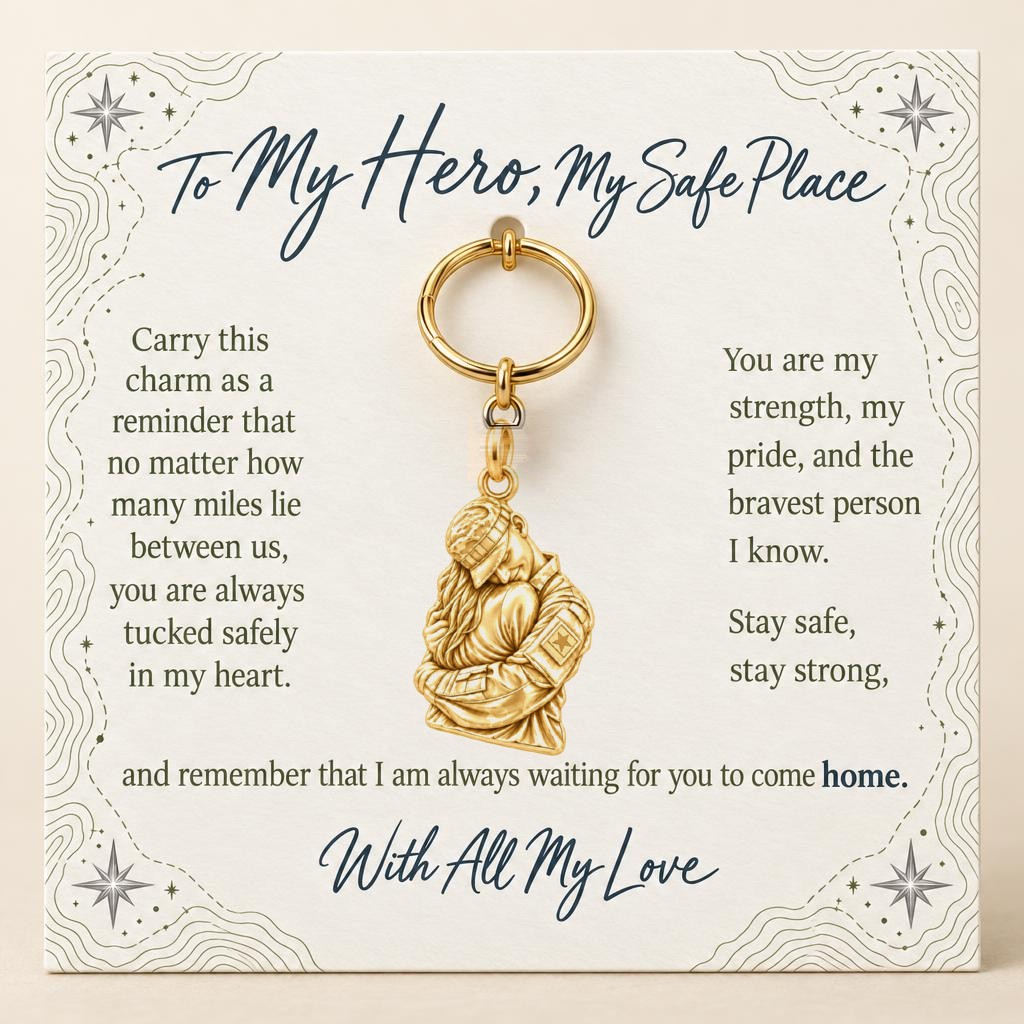 Brave Heart Homecoming Charm Keychain – 18K gold, on its message card