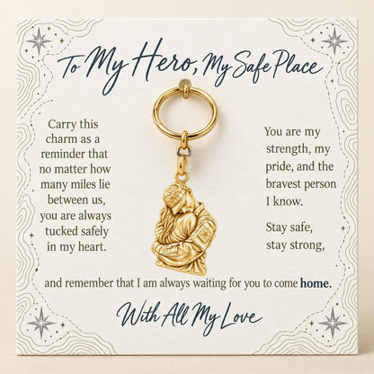 Brave Heart Homecoming Charm Keychain – 18K gold, on its message card