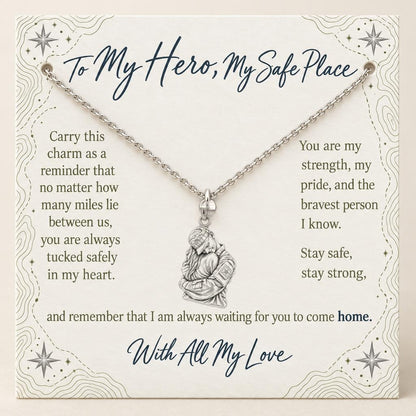 Brave Heart Homecoming Charm Necklace Set – silver, on its message card