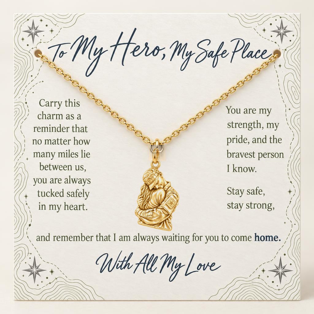 Brave Heart Homecoming Charm Necklace Set – 18K gold, on its message card