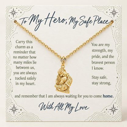 Brave Heart Homecoming Charm Necklace Set – 18K gold, on its message card