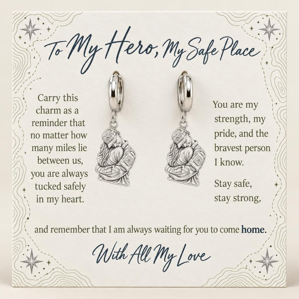 Brave Heart Homecoming Huggie Charm Earrings – silver, on its message card