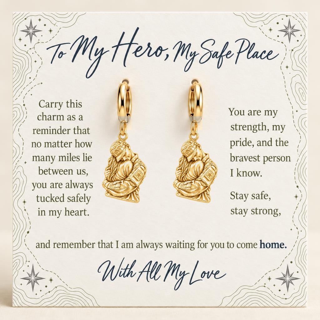 Brave Heart Homecoming Huggie Charm Earrings – 18K gold, on its message card