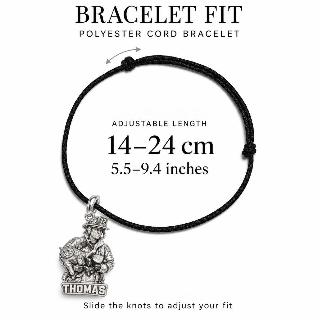 Brave Rescue Hero Charm Bracelet – Personalized Firefighter Gift – adjustable black cord bracelet, 14–24 cm