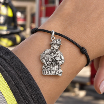 Brave Rescue Hero Charm Bracelet – Personalized Firefighter Gift – worn on the wrist on a black cord bracelet