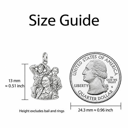 Brave Service Sisters Charm Bracelet – Personalized Veteran Gift – size guide, 13 mm charm next to a quarter