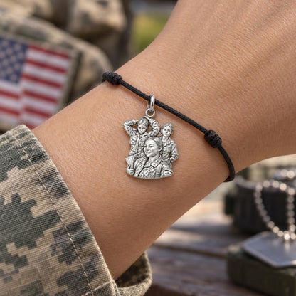 Brave Service Sisters Charm Bracelet – Personalized Veteran Gift – worn on the wrist on a black cord bracelet
