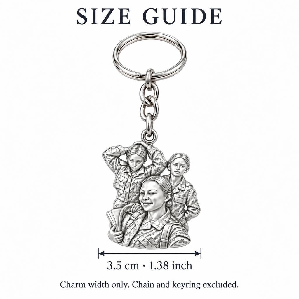 Brave Service Sisters Charm Keychain – size guide, 3.5 cm (1.38 in) charm, chain and keyring excluded