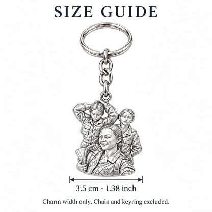 Brave Service Sisters Charm Keychain – size guide, 3.5 cm (1.38 in) charm, chain and keyring excluded