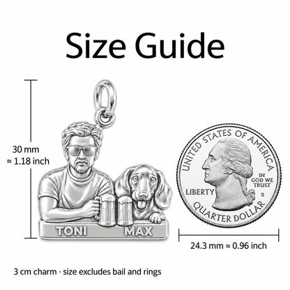 Brews and Best Friends Charm Bracelet – Personalized Dad Gift – size guide, 3 cm charm next to a quarter