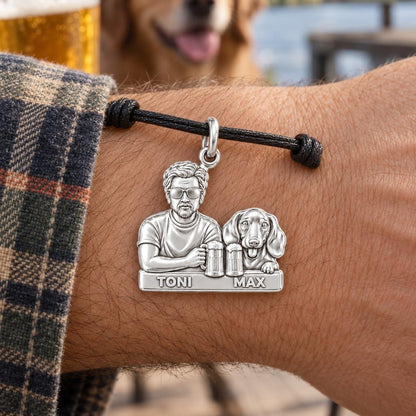 Brews and Best Friends Charm Bracelet – Personalized Dad Gift – worn on the wrist on a black cord bracelet