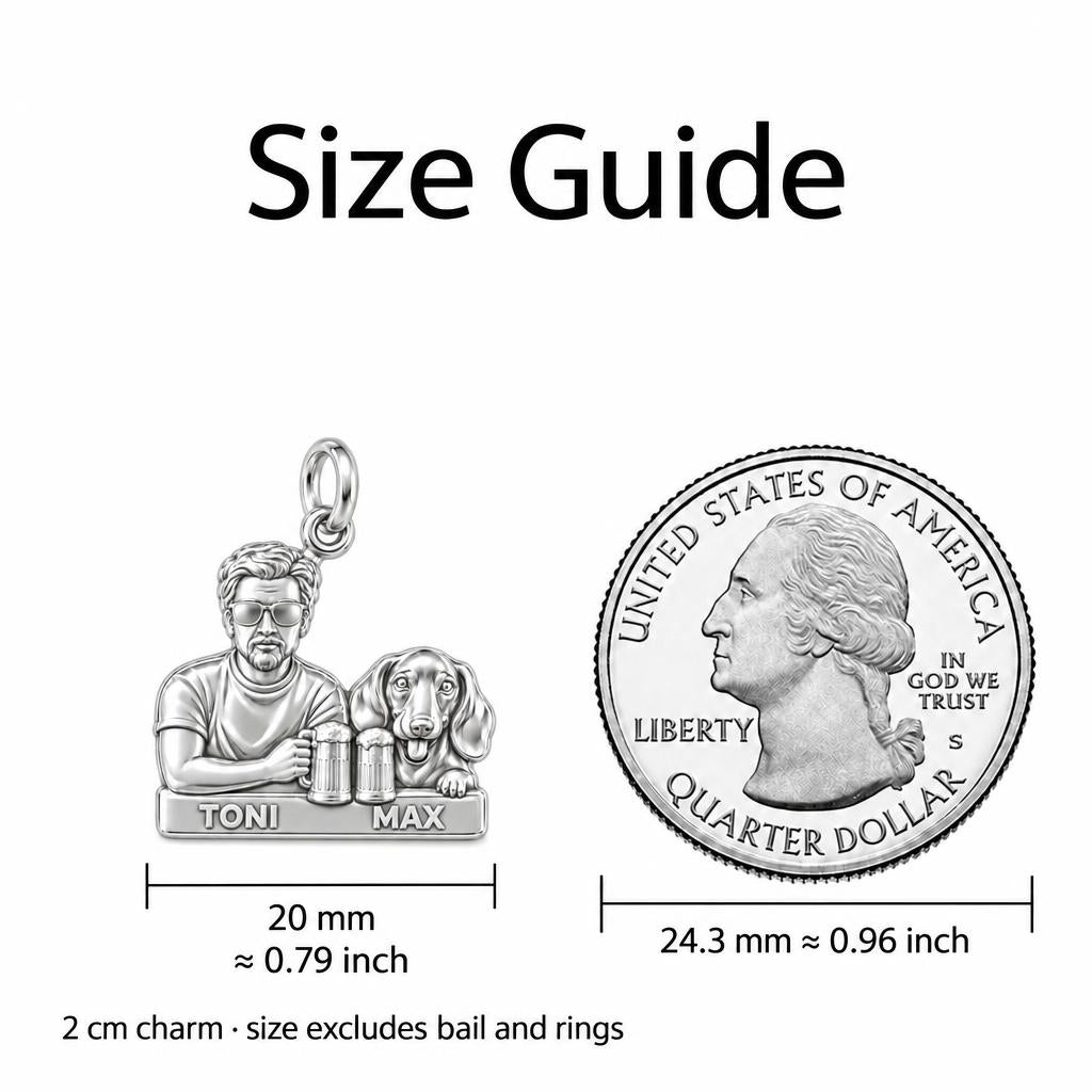 Brews and Best Friends Charm Bracelet Set – size guide, 13 mm charm next to a quarter