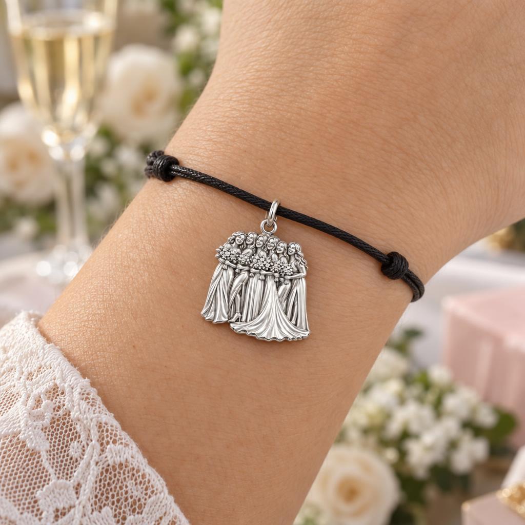Bridal Party Portrait Charm Bracelet – Personalized Bride Gift – worn on the wrist on a black cord bracelet