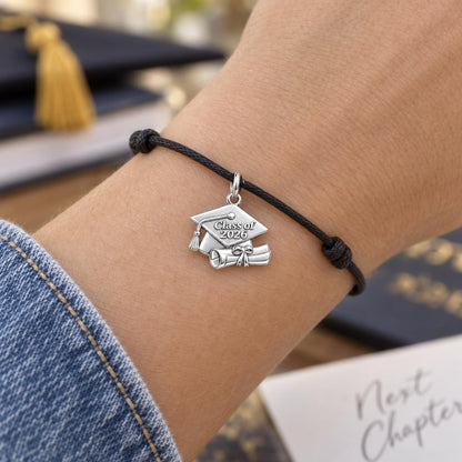 Bright Future Diploma Charm Bracelet – Personalized Grad Gift – worn on the wrist on a black cord bracelet