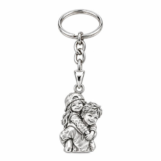 Brotherly Piggyback Bond Charm Keychain – silver, front view