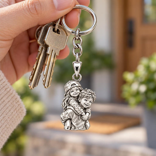 Brotherly Piggyback Bond Charm Keychain – worn / in use
