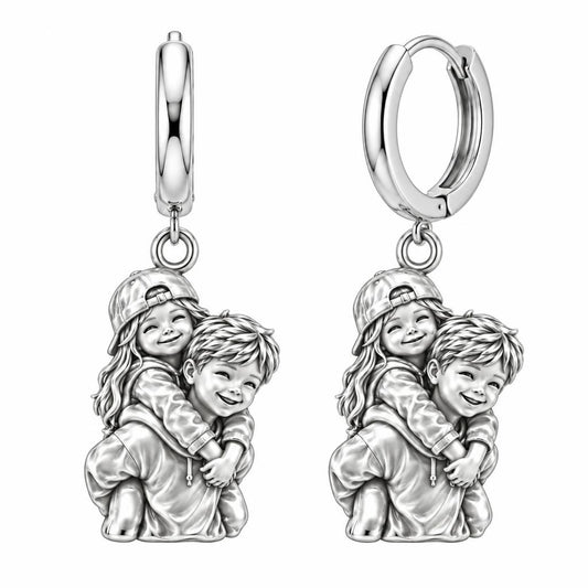 Brotherly Piggyback Bond Huggie Charm Earrings – silver, front view