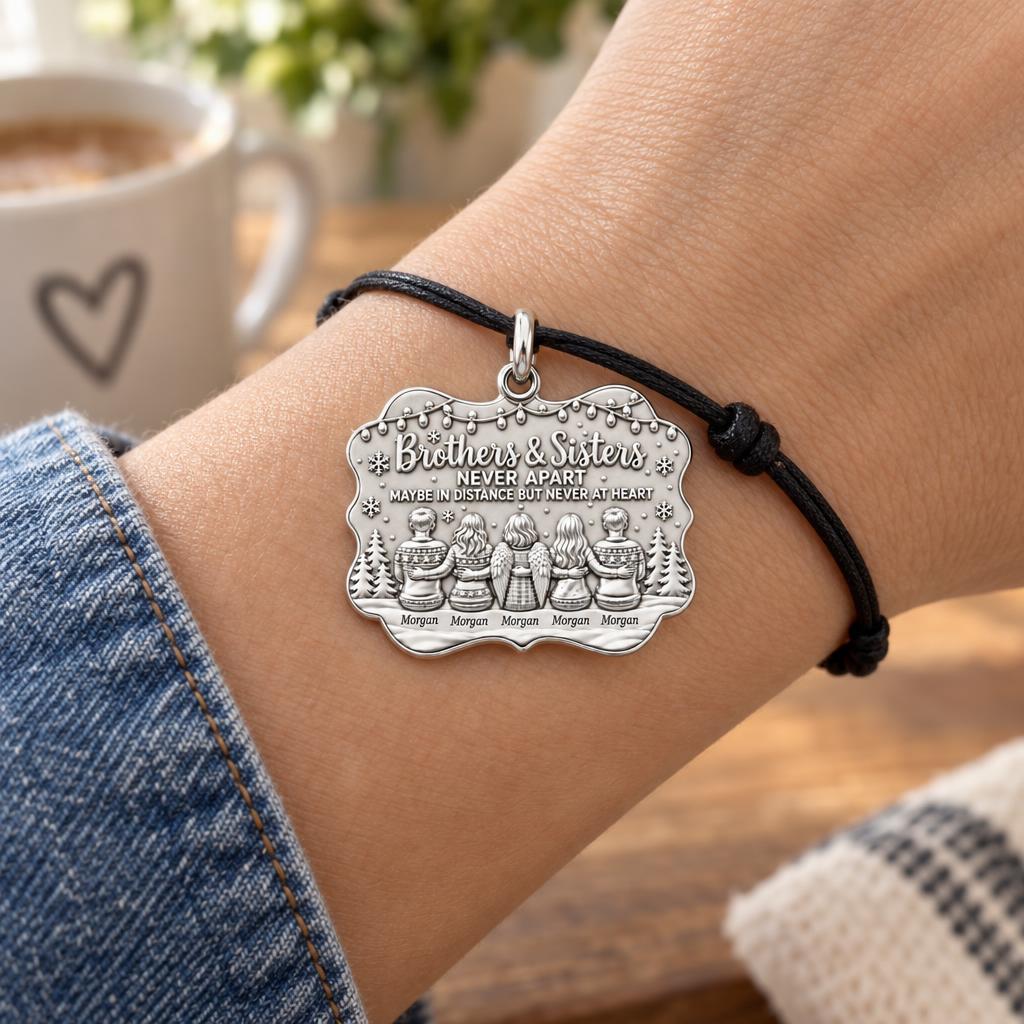 Brothers and Sisters Charm Bracelet – Personalized Sibling Gift – worn on the wrist on a black cord bracelet