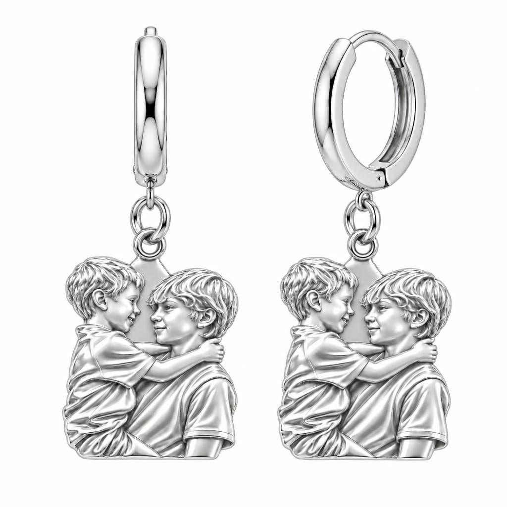 Brothers Eternal Hug Huggie Charm Earrings – silver, front view
