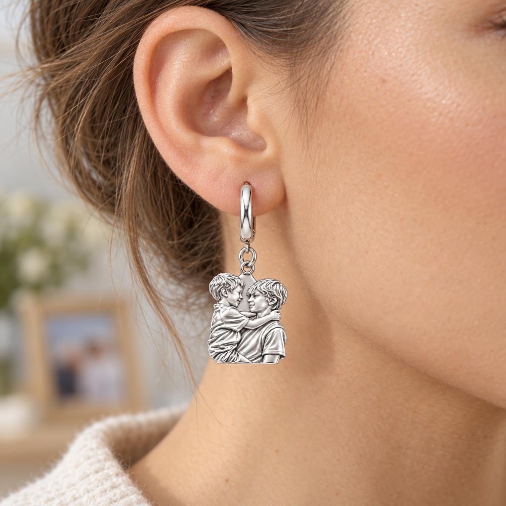 Brothers Eternal Hug Huggie Charm Earrings – worn / in use