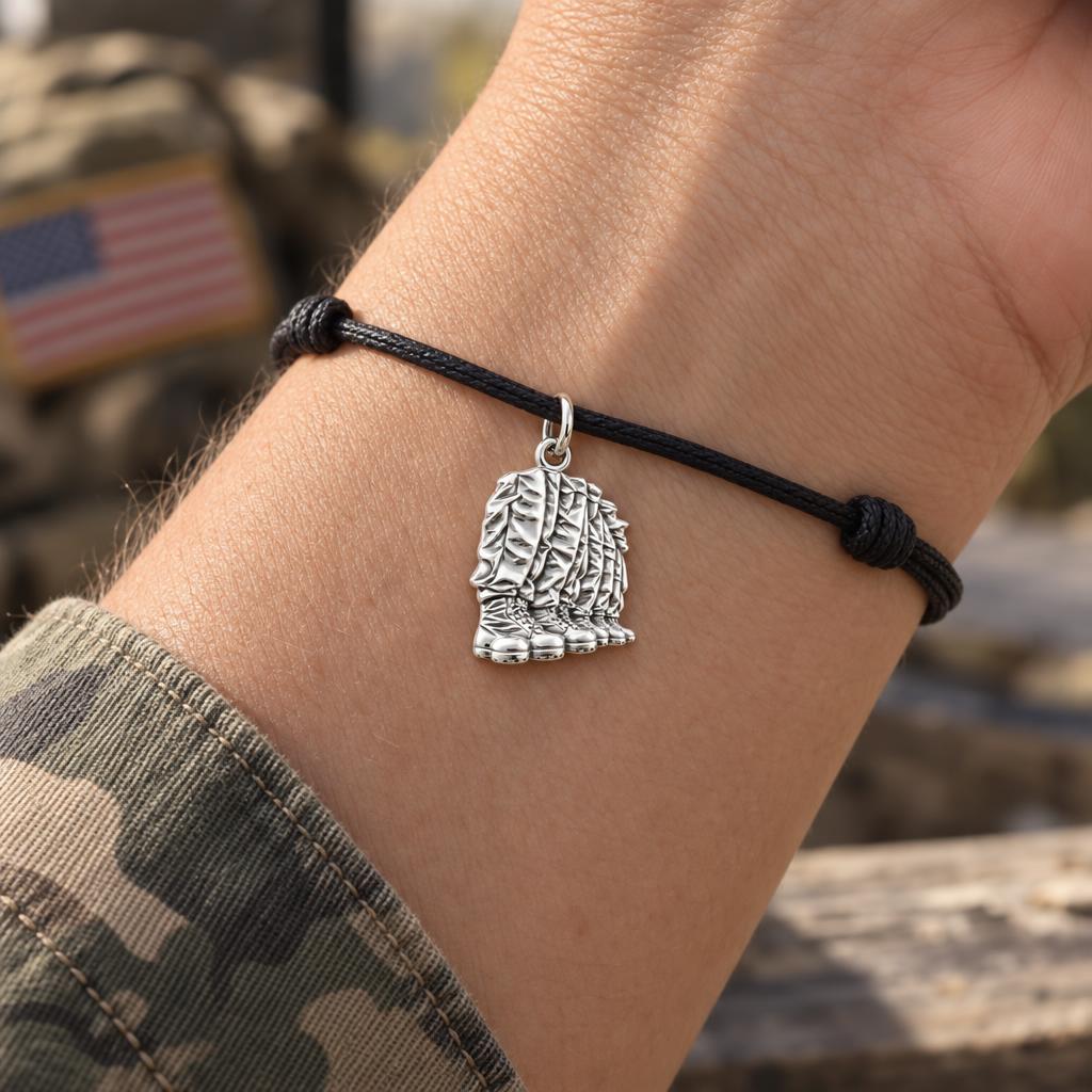 Brothers in Arms Boots Charm Bracelet – Personalized Veteran Gift – worn on the wrist on a black cord bracelet