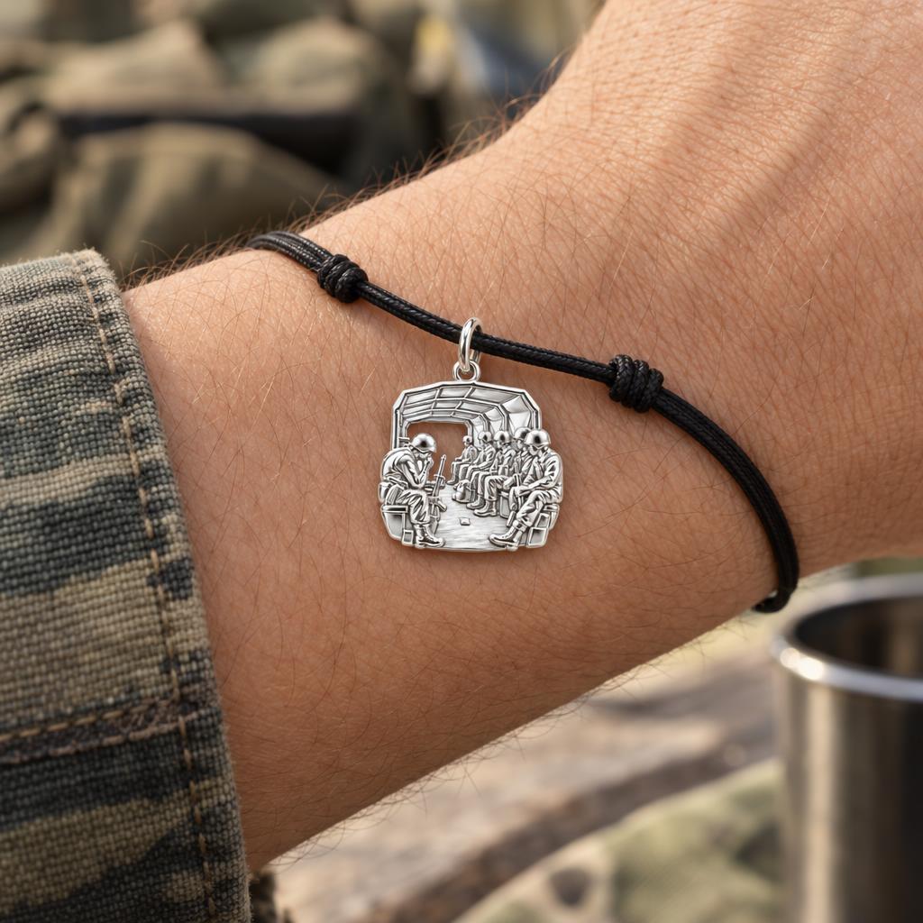 Brothers in Arms Charm Bracelet – Personalized Veteran Gift – worn on the wrist on a black cord bracelet