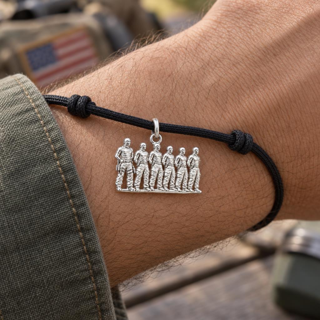 Brothers in Arms Charm Bracelet – Personalized Veteran Gift – worn on the wrist on a black cord bracelet