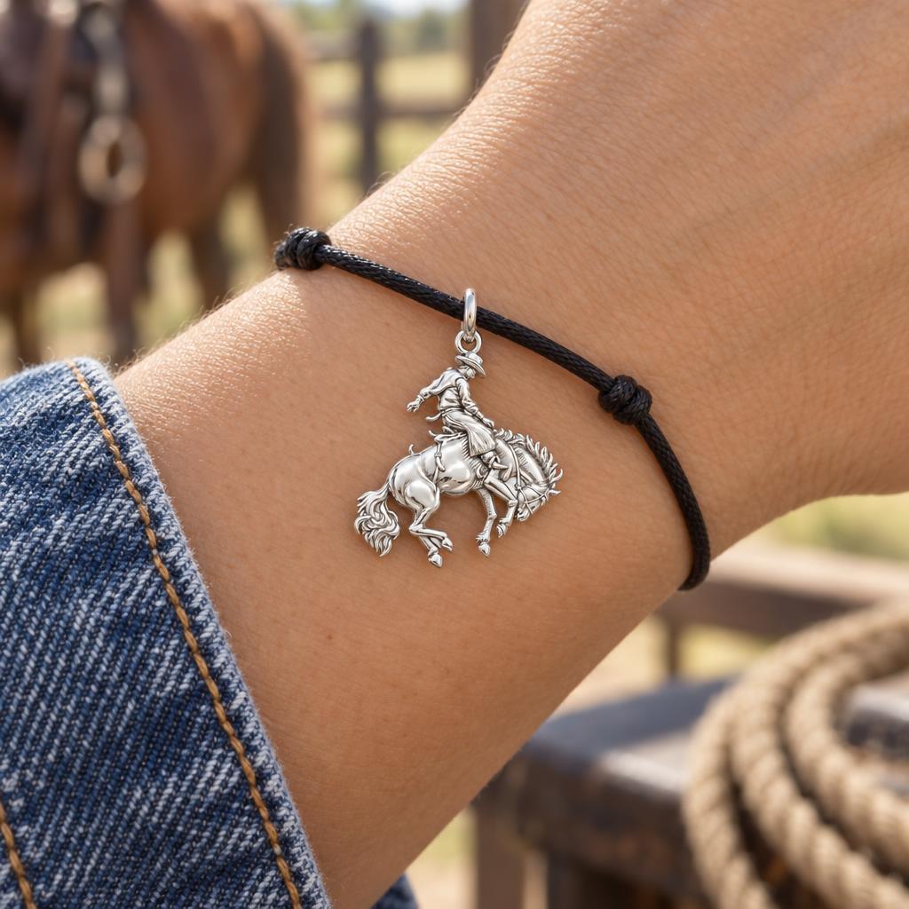 Bucking Bronco Rider Charm Bracelet – Personalized Horse Lover Gift – worn on the wrist on a black cord bracelet