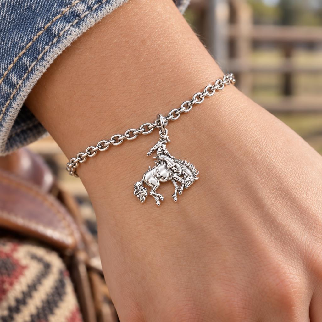 Bucking Bronco Rider Charm Bracelet Set – worn / in use