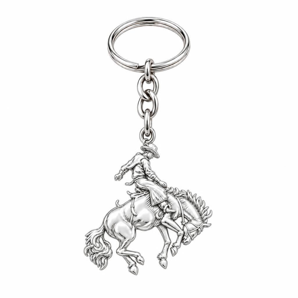 Bucking Bronco Rider Charm Keychain – silver, front view