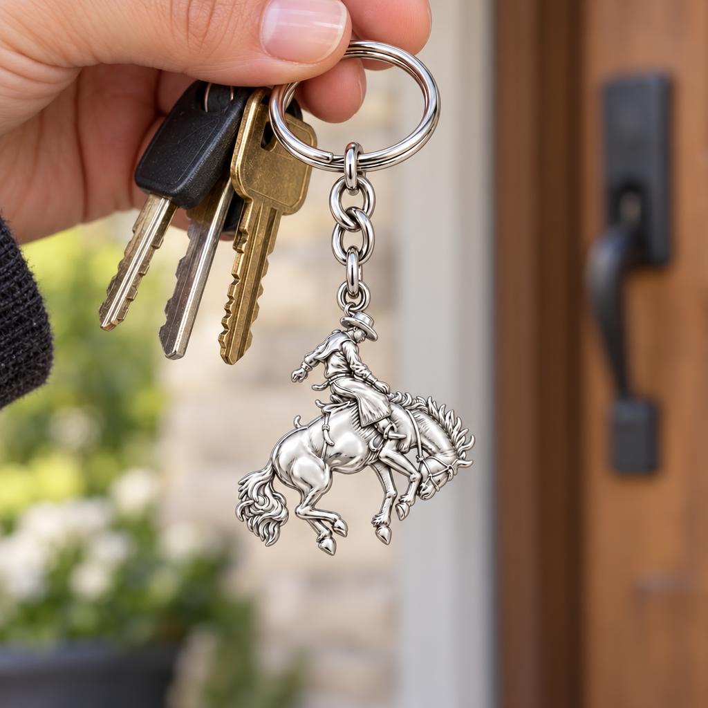 Bucking Bronco Rider Charm Keychain – worn / in use