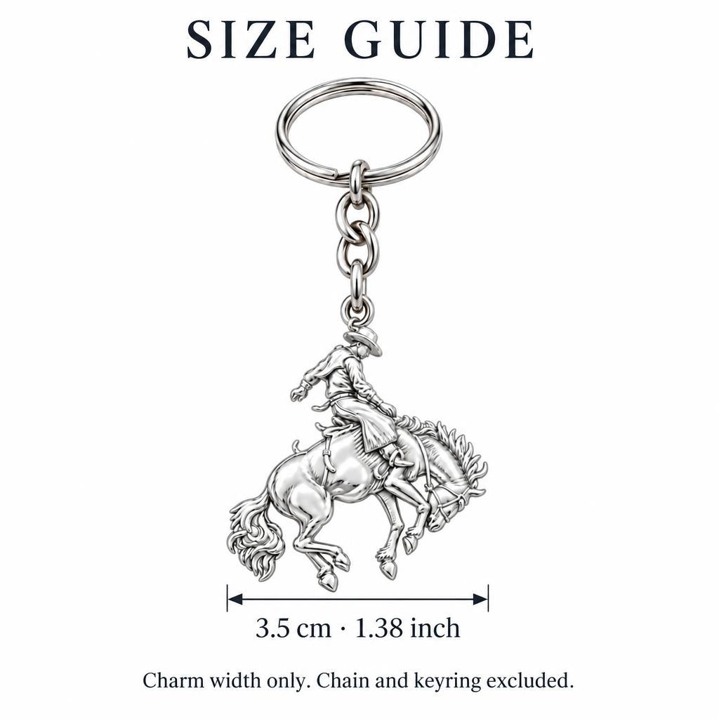 Bucking Bronco Rider Charm Keychain – size guide, 3.5 cm (1.38 in) charm, chain and keyring excluded