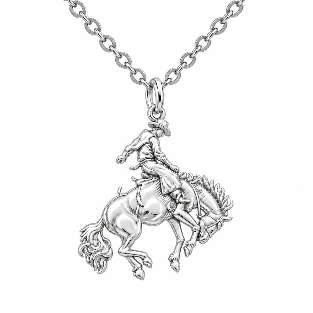 Bucking Bronco Rider Charm Necklace Set – silver, front view
