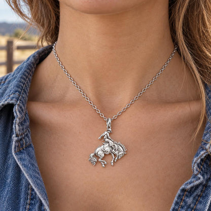 Bucking Bronco Rider Charm Necklace Set – worn / in use