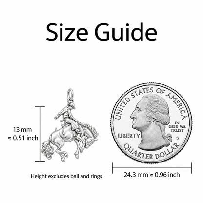Bucking Bronco Rider Charm Necklace Set – size guide, 13 mm charm next to a quarter