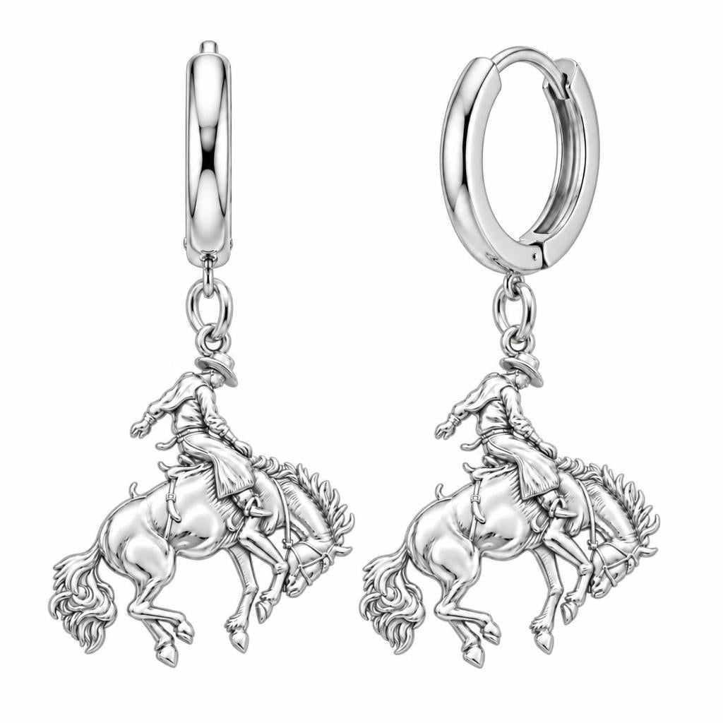 Bucking Bronco Rider Huggie Charm Earrings – silver, front view