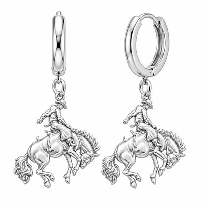 Bucking Bronco Rider Huggie Charm Earrings – silver, front view