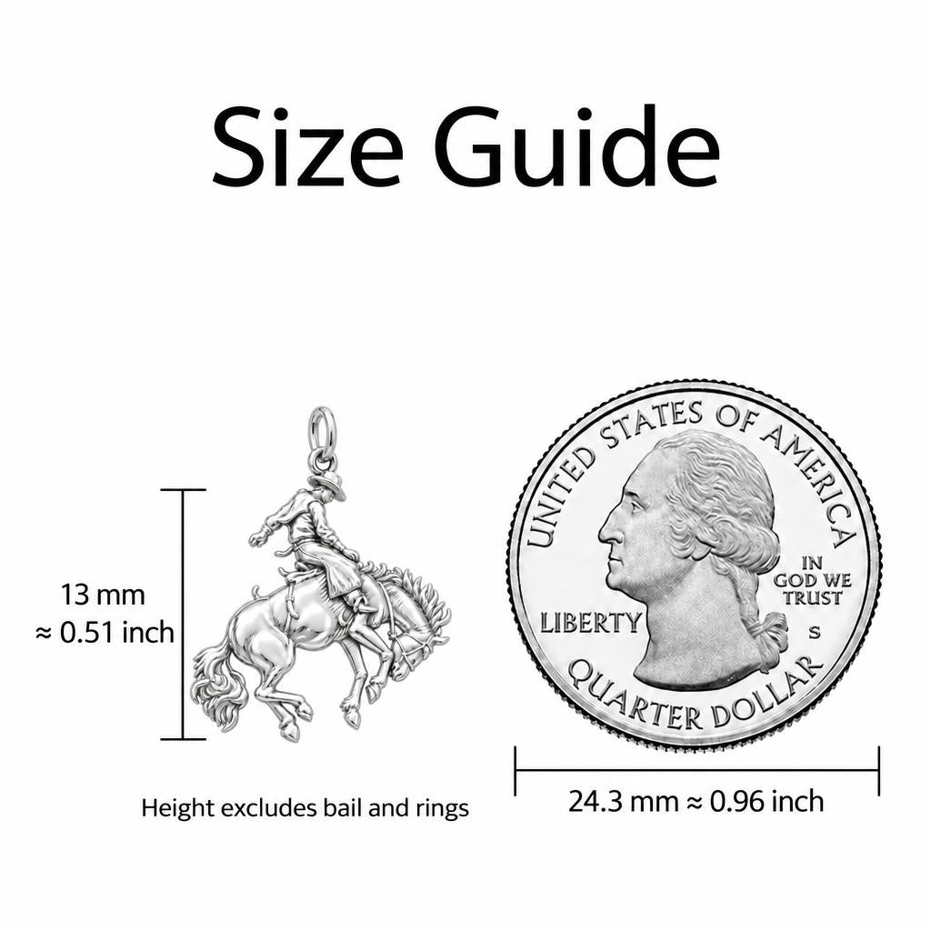 Bucking Bronco Rider Huggie Charm Earrings – size guide, 13 mm charm next to a quarter