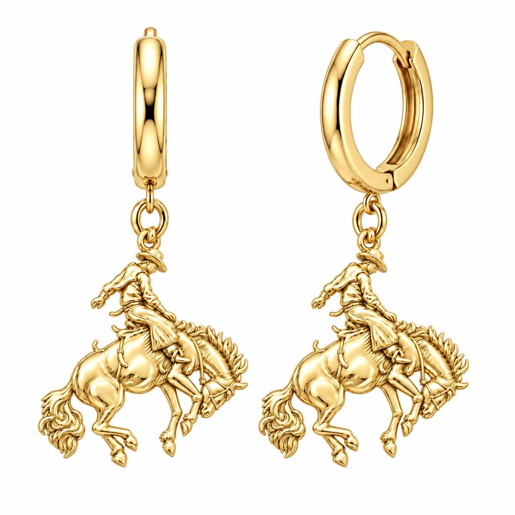 Bucking Bronco Rider Huggie Charm Earrings – 18K gold, front view