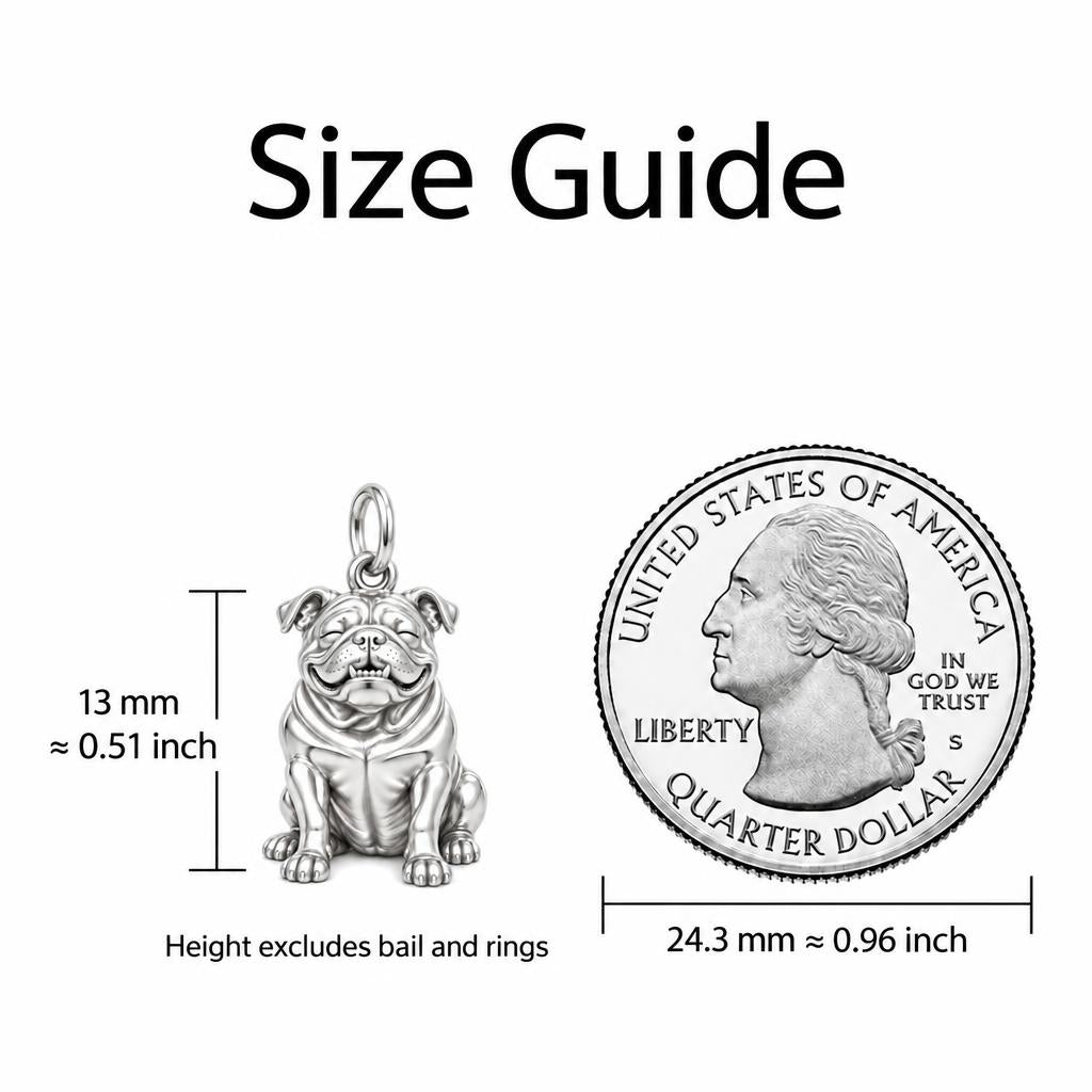 Bulldog Expression Charm Bracelet Set – size guide, 13 mm charm next to a quarter