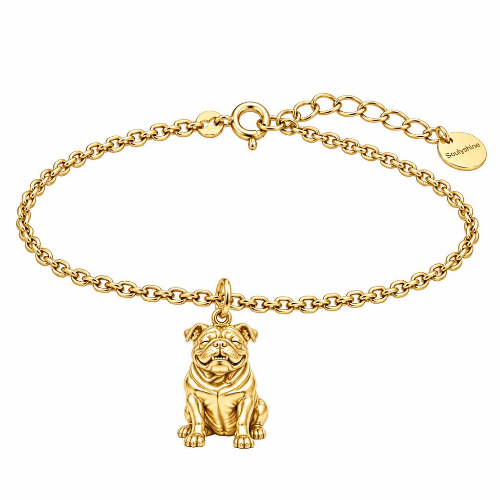 Bulldog Expression Charm Bracelet Set – 18K gold, front view